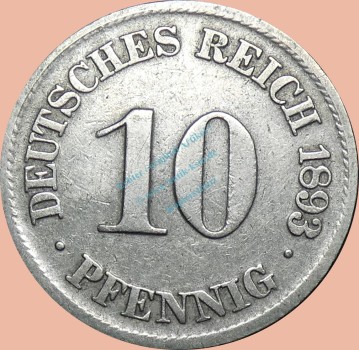 10 Pfennig Münze Deutsches Kaiserreich 1893 j -gr.Adler- ss J.13 -0979-