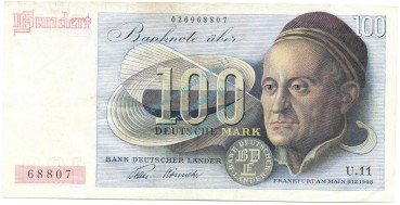100 Mark Schein L-gbr 1948 BRD-3, Ros.256, P.15.a , Bank deutscher Länder -1289-