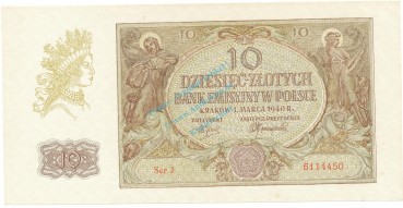10 Zlotych Schein unc-kfr. 1940 ZWK-29, Ros.574, P.94 , WW2 Polen -1304-
