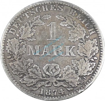 1 Mark Kursmünze -kl. Adler- 1874 A -deutsches Kaiserreich- s-ss J.9 -0845-