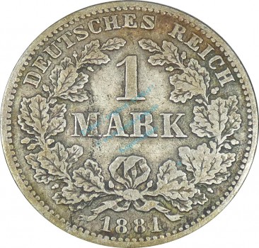 1 Mark Kursmünze -kl. Adler- 1881 D -deutsches Kaiserreich- s-ss J.9 -0842-