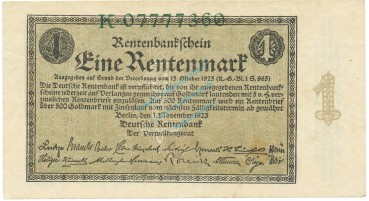 1 Rentenmark Schein 1923 L-gbr. DEU.199, Ros.154, P.161 deutsche Rentenbank -1313-