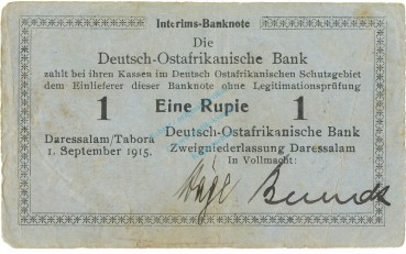 1 Rupie Schein 1915 gbr. DOA.12, Ros.911, P.6 Deutsch-Ostafrika -1319-