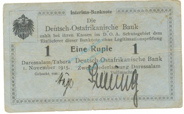 1 Rupie Schein 1915 gbr. DOA.15.a, Ros.914, P.7 Deutsch-Ostafrika -1320-