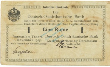 1 Rupie Schein 1916 gbr. DOA.16, Ros.915, P.8 Deutsch-Ostafrika -1318-