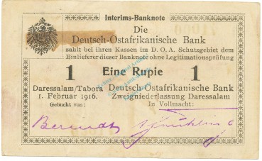 1 Rupie Schein 1916 gbr. DOA.31.a, Ros.929, P.20 Deutsch-Ostafrika -1316-