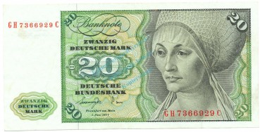 20 D-Mark Schein unc-kfr 1977 BRD-20, Ros.276, P.32.b , Deutsche Bundesbank -1275-