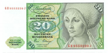 20 D-Mark Schein unc-kfr 1980 BRD-31, Ros.287, P.32.d , Deutsche Bundesbank -1280-