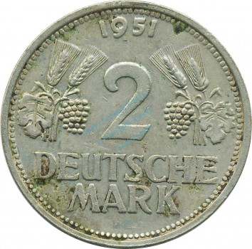 2 Mark Kursmmünze 1951 G -Ähren Weinblätter Trauben- ss , J.386 -0702-