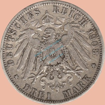 Preview: 3 Mark Kursmünze Preussen 1908 A -Wilhelm II- ss-vz J.103 -0940-