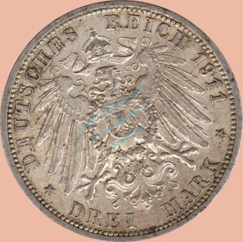 Preview: 3 Mark Kursmünze Preussen 1911 A -Wilhelm II- ss-vz J.103 -0941-