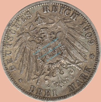 Preview: 3 Mark Kursmünze Preussen 1909 A -Wilhelm II- ss-vz J.103 -0938-