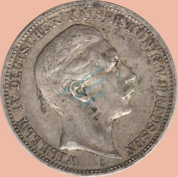 3 Mark Münze Preussen 1909 A -Wilhelm II- Preussen ss-vz J.103 -0938-
