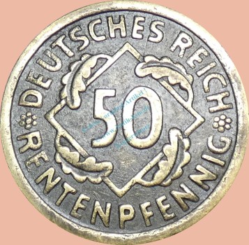 50 Rentenpfennig Münze Weimarer Republik 1924 A -Berlin- ss-ss. J.310 -0957-