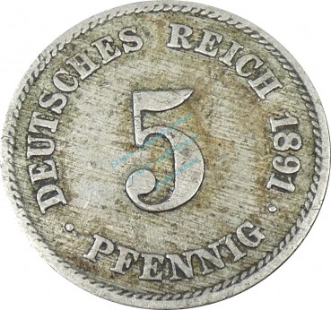 5 Pfennig Kursmünze -gr. Adler- 1891 F -deutsches Kaiserreich- s-ss J.12 -0836-