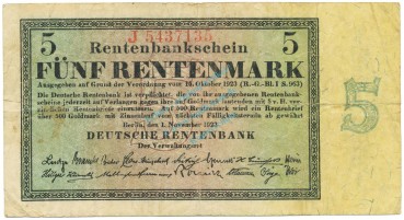 5 Rentenmark Schein 1923 gbr. DEU.201, Ros.156, P.163 deutsche Rentenbank -1314-