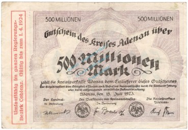 Adenau , 500 Millionen Mark Schein verlängert gbr. RHL 1923 Inflation -3724-