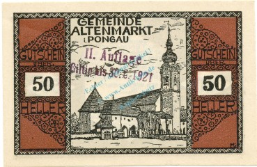 Altenmarkt , Notgeld 50 Heller -verlängert- unc-kfr. K-K.31.b , Salzburg o.D. Österreich -0485-