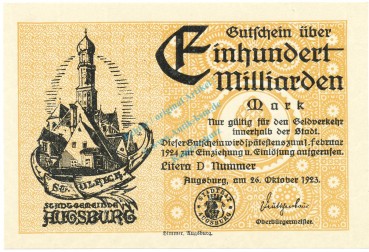 Augsburg , Banknote 100 Milliarden --MUSTER-- unc-kfr. Ke.195.a , BAY 1923 Inflation -3656-
