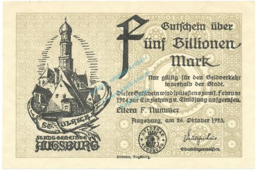 Augsburg , Banknote 5 Billionen --MUSTER-- unc-kfr. Ke.195.C , BAY 1923 Inflation -3658-