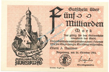 Augsburg , Banknote 5 Milliarden --MUSTER-- unc-kfr. Ke.195.a , BAY 1923 Inflation -3654-