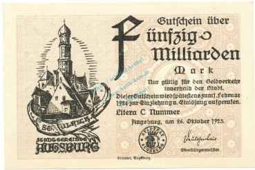 Augsburg , Banknote 50 Milliarden --MUSTER-- unc-kfr. Ke.195.a , BAY 1923 Inflation -3655-