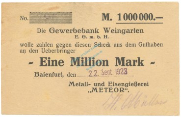 Baienfurt , Banknote 1 Million Mark Scheck f-kfr. Ke.217.c , WÜR 1923 Inflation -3670-