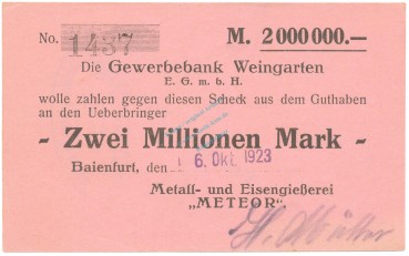 Baienfurt , Banknote 2 Millionen Mark Scheck unc-kfr. Ke.217.e , WÜR 1923 Inflation -3671-