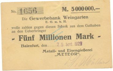 Baienfurt , Banknote 5 Millionen Mark Scheck gbr. Ke.217.d , WÜR 1923 Inflation -3672-