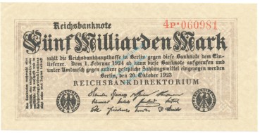 Banknote , 5 Milliarden Mark Schein unc-kfr. DEU-145.d, Ros.120, P.123 , 1933 Inflation -1325-
