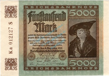 Banknote , 5.000 Mark Schein kfr. DEU-91.e, Ros.80, P.81 , 1922 Inflation -1328-