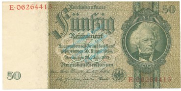 Banknote , 50 Mark Schein F-kfr. DEU-210.d.1, Ros.175, P.182 , 1933 drittes Reich -1324-
