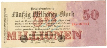 Banknote , 50 Millionen Mark Schein in f-kfr. DEU-109.b, Ros.97, M.98 , Inflation 1923 -1321-