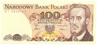 Banknote Polen , 100 Zloty Schein unc-kfr. 1986, -L.Warynski- WPM.143 -0341-