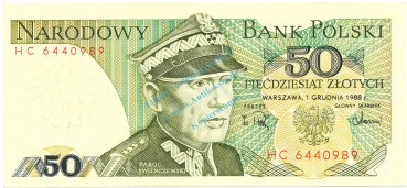 Banknote Polen , 50 Zloty Schein unc-kfr. 1988, -K.Swierczewski- WPM.142 -0340-