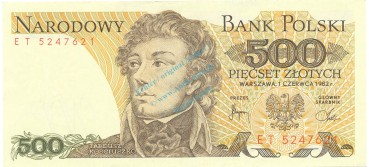 Banknote Polen , 500 Zloty Schein unc-kfr. 1982, -T.Kosciuszko- WPM.145 -0342-
