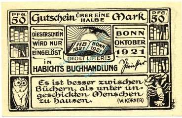 Bonn , Notgeld 50 Pfennig Schein Nr.1 unc-kfr. M-G.140.1.a , NW 1921 Seriennotgeld -5851-