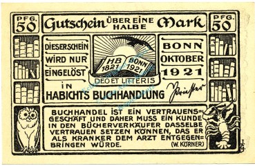 Bonn , Notgeld 50 Pfennig Schein Nr.2 unc-kfr. M-G.140.1.a , NW 1921 Seriennotgeld -5850-