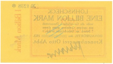 Preview: Donauwörth , Banknote 1 Billion Mark --o.Datum-- unc-kfr. Ke.1046... BAY 1923 Inflation -3667-