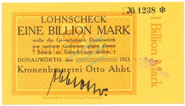 Donauwörth , Banknote 1 Billion Mark --o.Datum-- unc-kfr. Ke.1046... BAY 1923 Inflation -3667-