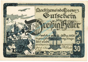 Eisenerz , Notgeld 30 Heller --grün-- unc-kfr. K-K.169.c , 1920 Steiermark -0524-