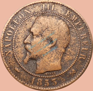 Frabkreich , 10 Centesimi Münze 1853.B -Napoleon III.- KM.771 s-ss -0347-