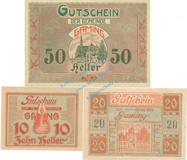 Gaming , Notgeld Set 3 Scheine unc-kfr. K-K.220 , o.D. Nieder Österreich -0538-