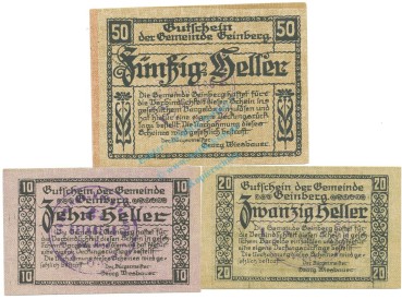 Geinberg , Notgeld Set 3 Scheine --Stpl-- unc-kfr. K-K.228.I.c , 1920 Ober Österreich -0537-