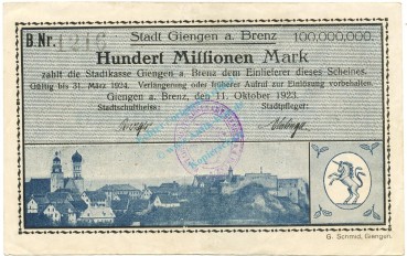 Giengen , Banknote 100 Millionen Mark Schein L-gbr. Ke.1784 , WÜR 1923 Inflation -3668-