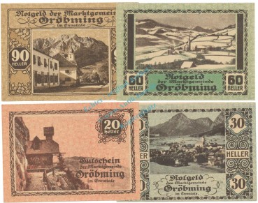 Gröbming , Notgeld Set 4 Scheine unc-kfr. K-K.289 , o.D. Steiermark -0529-