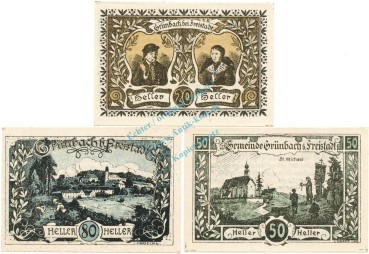 Grünbach , Notgeld Set 3 Scheine unc-kfr. K-K.302 , 1920 Ober Österreich -0528-