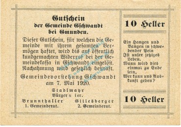 Gschwandt , Notgeld 10 Heller -Druckfehler- unc-kfr. K-K.305.b , 1920 Ober Österreich -0525-