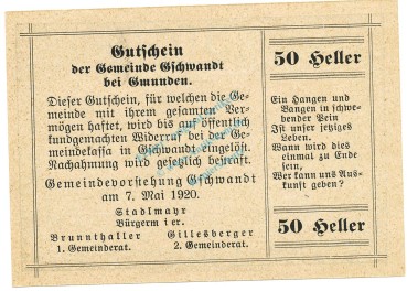 Gschwandt , Notgeld 50 Heller -Druckfehler- unc-kfr. K-K.305.b , 1920 Ober Österreich -0526-