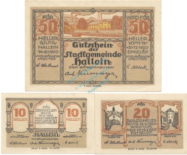 Hallein , Notgeld Set 3 Scheine unc-kfr. K-K.344.II , 1920 Salzburg -0549-